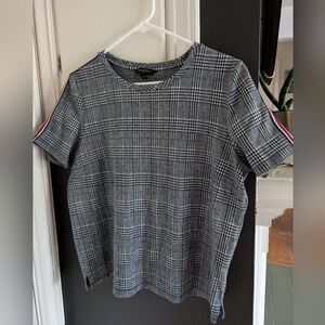 Banana Republic plaid top with red/blue/white race stripe sleeve accent